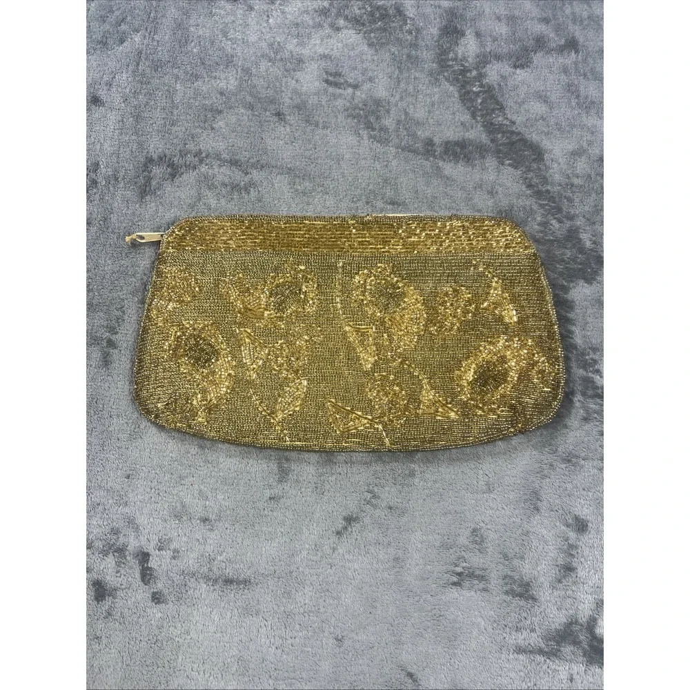 Vintage Handbag Sequence Gold Zip Purse Makeup 80s Retro Floral Seed‎ Bead Glam